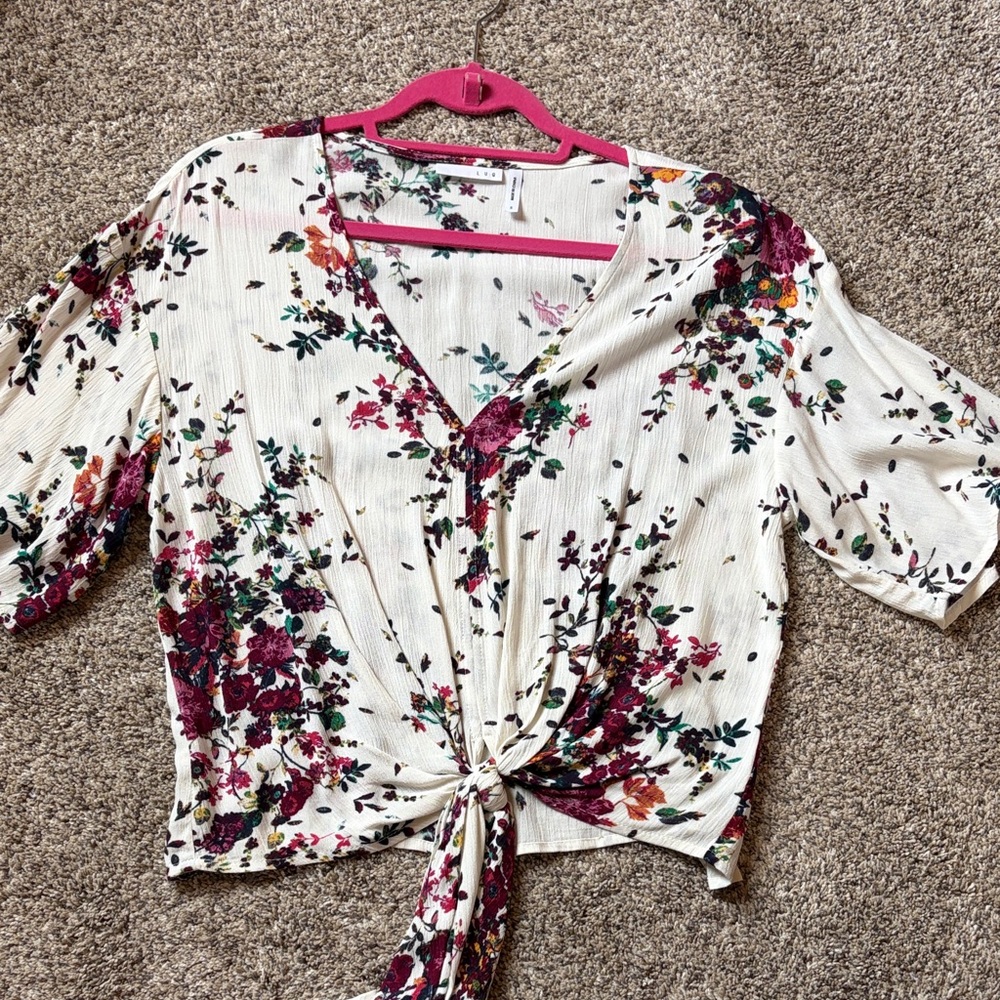 Tie-Front V-Neck Floral Blouse - Cream with Pink Floral